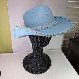 Light Blue Felt Hat w Iridescent Sequence Western Cowboy Hat 24" circumference